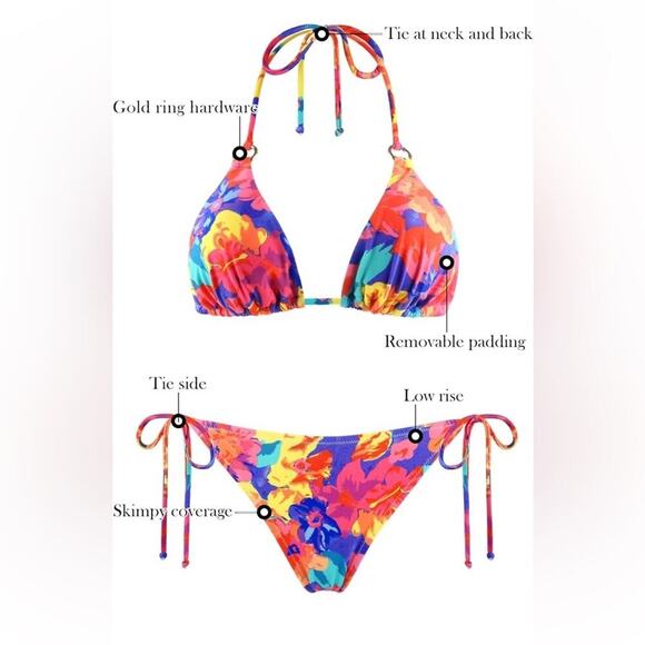 Floral Two Piece Triangle Bikini Set With Gold Details | Colorful Size Large - Picture 7 of 9